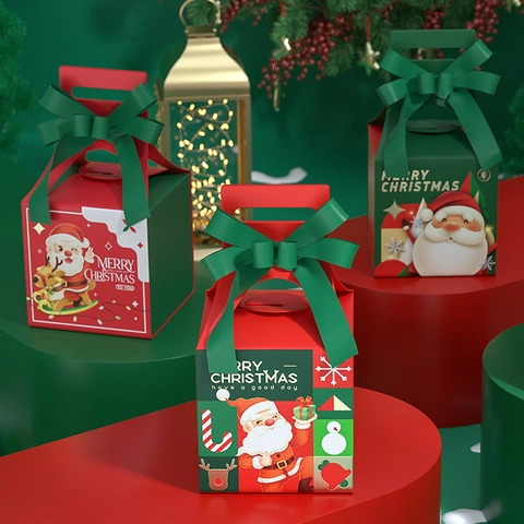 Weihnachts Geschenkschachteln Karton Handheld Verpackung Für Süßigkeiten Geschenke Mit Bandschleife Cartoon Weihnachtsmann Muster