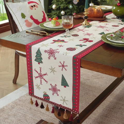 Camino De Mesa De Navidad Poliéster Jacquard Copo De Nieve Patrón Árbol Borlas Para Decoración De Fiesta