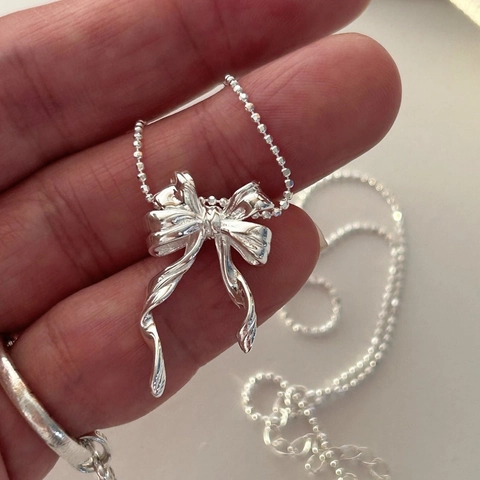 Collana Con Pendente A Fiocco Argento Sterling 925 Catena A Sfere Regolabile Gioielli Minimalisti Donna