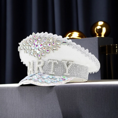 Cappello Da Capitano Bianco Con Paillettes Strass E Künstliche Perle Artificiali Decorazione Party Stile Militare Per Donne