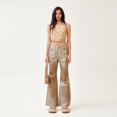 Damen Schlagjeans Mit Hoher Taille Champagner Gold Metallic Beschichtete Baumwolle Denim Retro Chic Lange Hose