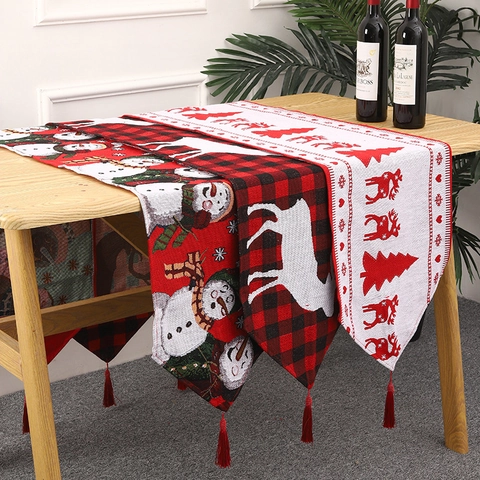 Camino De Mesa De Navidad Tela De Jacquard De Punto Con Borlas Patrón De Reno Copo De Nieve Papá Noel Decoración Festiva Para Hogar Y Fiesta