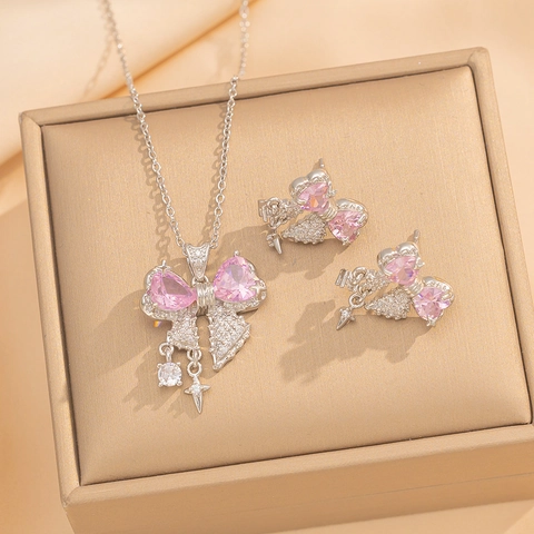 Bowknot Halskette Ohrringe Und Ring Kupfer Rosa Herz Zirkonia Schlüsselbeinkette Stern Anhänger Eleganter Schmuck Für Damen
