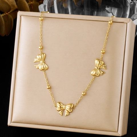 Bowknot Pendant Necklace Stainless Steel Gold Plated Bead Chain Minimalist Fashion Jewelry For Women