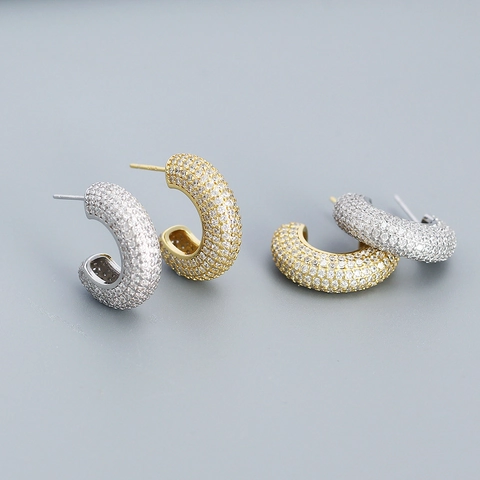 925 Sterling Silber Creolen Pavé Zirkonia Klassische C-Form Voller Zirkon Mode Elegant Hochwertig Für Damen