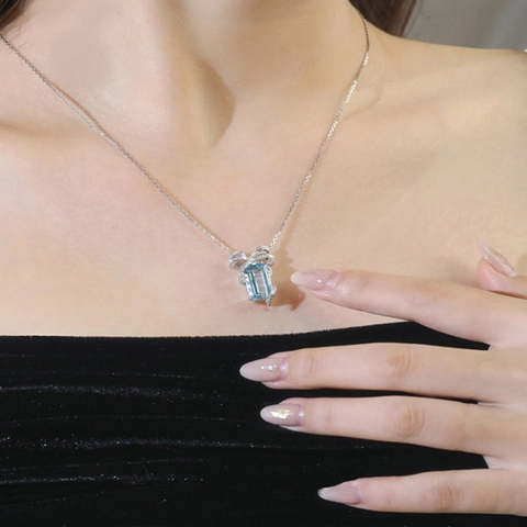 Princess Square Cut Light Blue Faux Aquamarine Pendant Necklace Copper With Rhinestone Bow Elegant Jewelry For Women