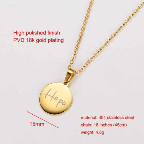 Collar Con Colgante Redondo Grabado Hope Acero Inoxidable 304 Chapado En Oro 18K Pulido Minimalista Para Hombre Mujer