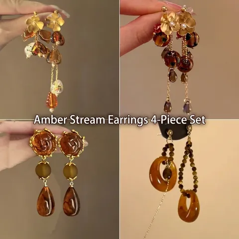Vintage Amber Hars Druppel Oorbellen Met Zilveren Oorsteker Tijgeroog Steen Bloem Kwastje Drop Sieraden Vrouwen