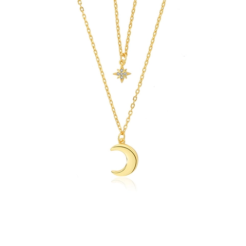 Mehrlagige Halskette 925 Sterling Silber Stern Mond Anhänger Zirkonia Elegant Süß Schmuck Für Damen Geschenk