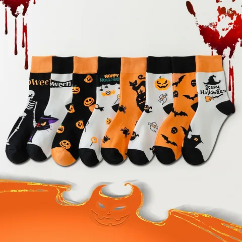 Halloween Crew Socken Kürbis Fledermaus Geist Totenkopf Muster Baumwollmischung Atmungsaktiv Mittellang Unisex