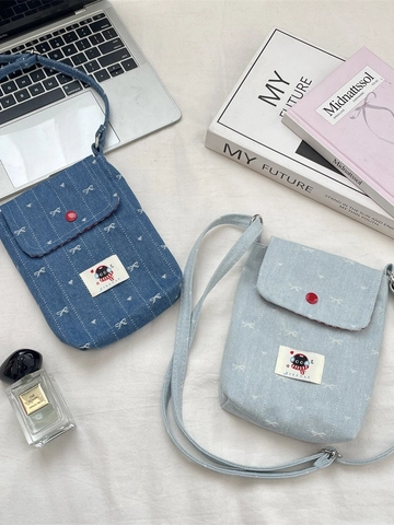 Borsa Tracolla Denim Per Cellulare Cotone Mini Patta Stampe Stella Fiocco Tracolla Regolabile Toppa Cartoon Accessorio