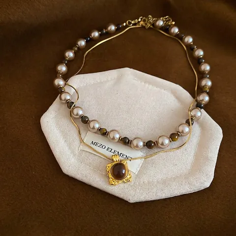 Collar De Capas Con Colgante Cuadrado De Ojo De Tigre Y Perla Artificial De Vidrio Cobre Chapado En Oro Estilo Vintage Para Mujer