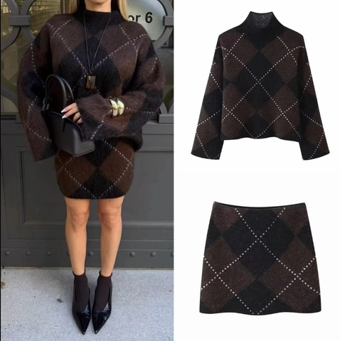 Tenue Tricot À Losanges Femme Pull À Col Roulé Manches Longues Et Mini Jupe Streetwear Vintage Polyester