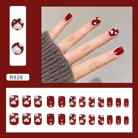 Wine Red Press On Nails With White Heart Polka Dot Patterns Short Square Round Glossy ABS False Nails For Women Gentle Style