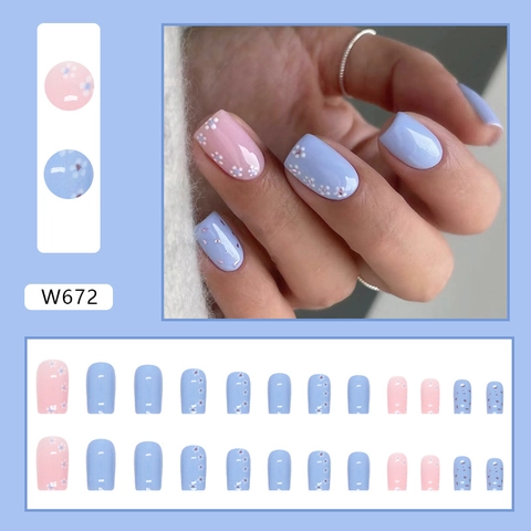 Square Oval Glossy Press On Nails Blue And Pink Sweet Floral Pattern Artificial False Nails Summer Fresh Style