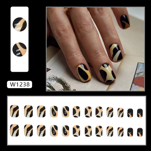 Unghie A Pressione Corte Quadrate Giallo Nero Contrasto Motivo Animalier Moda Tendenza Per Donne Unghie Finte W1238 Con Colla