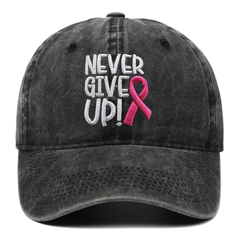 Casquette de Baseball avec Broderie Lettre Never Give Up et Ruban Rose Chapeau en Coton Délavé Visière pour Femme et Homme Extérieur