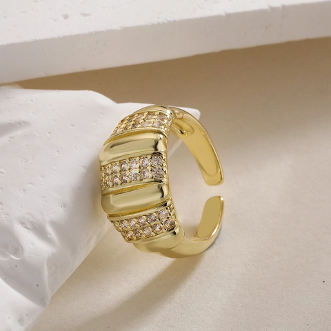 18K Gold Plated Copper Wide Band Ring Cubic Zirconia Geometric Scalloped Open Adjustable Fashion Jewelry For Women