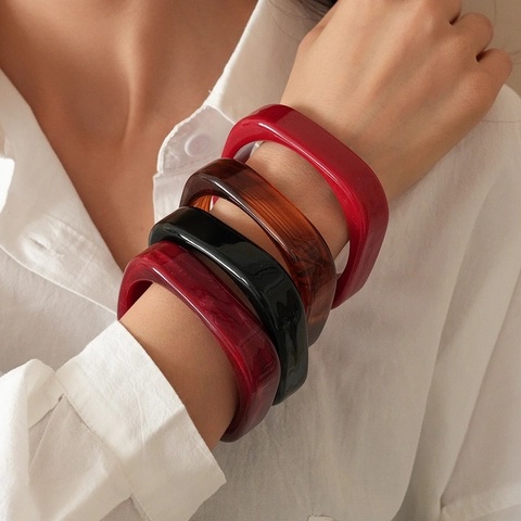 Minimalist Geometric Square Bangle Resin Chunky Wide Bracelet Marble Tortoise Shell Texture Fashion Jewelry Women