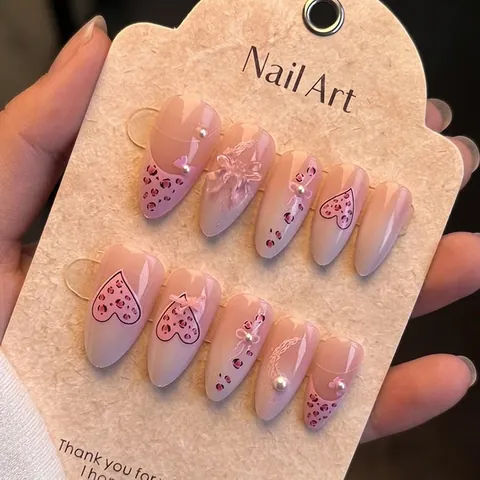 Press On Nagels Roze Gradiënt Amandelvorm Plastic Hars Strik Luipaard Hart Kunstparel Strass Decor Voor Dames