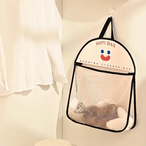 Hanging Storage Bag Mesh Net Breathable Underwear Socks Bedding Organizer For Closet Wall Door Smiley Face Polyester