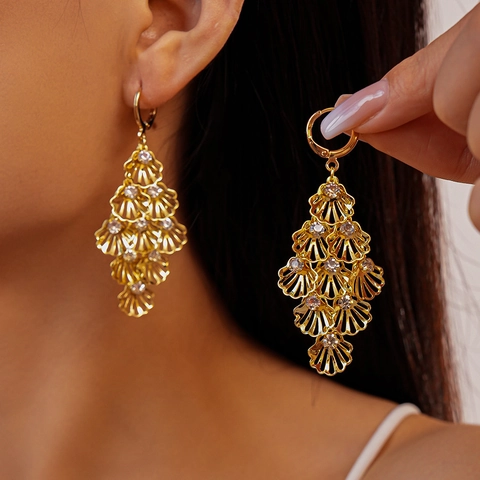 Layered Shell Leaf Hollow Tassel Drop Earrings Rhinestones Iron Alloy Steel Earring Post For Women French Vintage