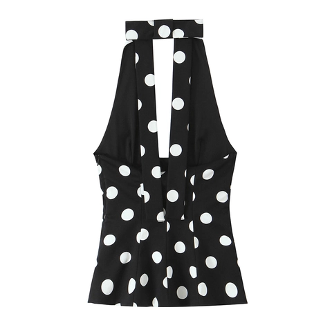 Women Polka Dot Halter Top Sexy V Neck Sleeveless Polyester Peplum Blouse Retro Vintage Summer Backless Shirt