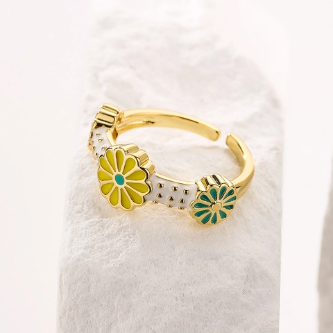 Madeliefje Bloem Verstelbare Open Ring Koper Verguld Emaille Druppelolie Kleurrijke Boheemse Mode Sieraden Voor Vrouwen