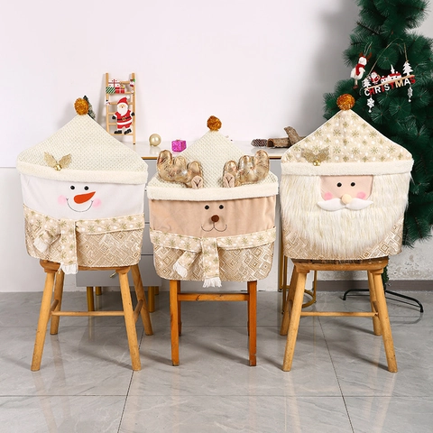 Christmas Chair Back Covers Santa Snowman Reindeer Gold Plush Knitted Dining Room Seat Protector Festive Holiday Decor