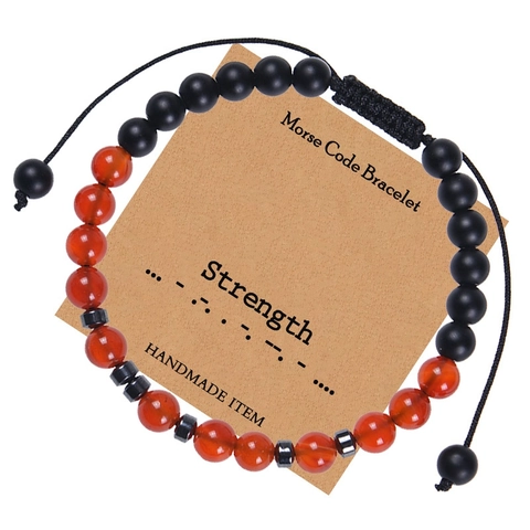 Morse Code Armband Karneol Schwarze Matte Stein Perlen Verstellbare Gewebtes Seil Inspirierende Karte Handgefertigter Schmuck