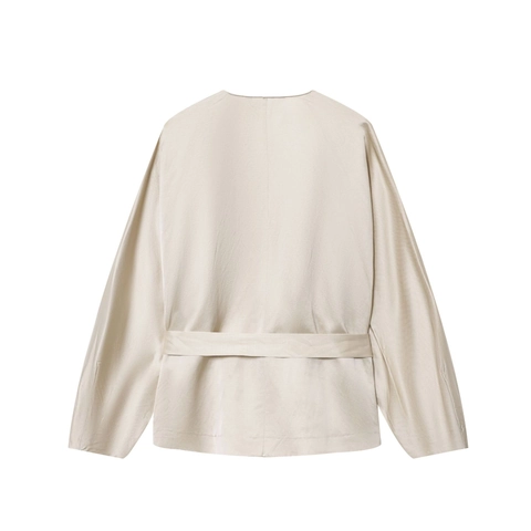 Blusa Cruzada De Satén De Manga Larga Para Mujer Cuello En V Elegante Lazo En La Cintura Camisa Color Sólido