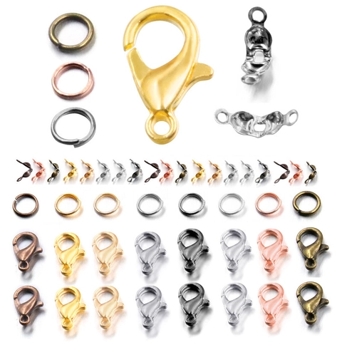 Lobster Clasps Open Jump Rings Fold Over Cord Ends DIY Jewelry Findings Zinc Alloy Connectors For Necklace Bracelet Making