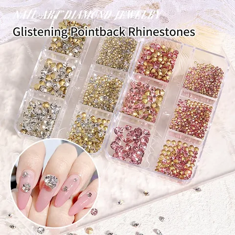 Nail Art Rhinestones Glass Pointed Bottom Diamonds For DIY Manicure Decoration Mixed Sizes Six Grids Case