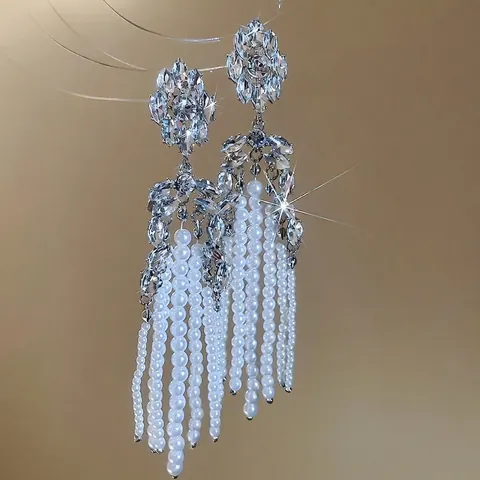 Luxurious Flower Rhinestone Long Tassel Drop Earrings With Silver Earring Post And Imitation Artificial Pearl For Women