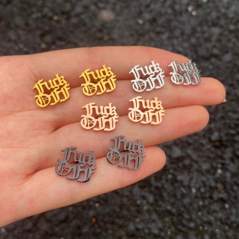 Stainless Steel Stud Earrings Gothic Letter Statement Fuck Off Punk Streetwear Hip Hop Helix Jewelry For Women Men