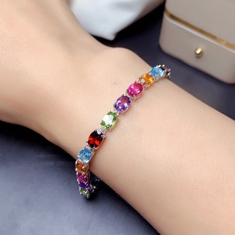 Bracciale Tennis Con Gemme Arcobaleno Multicolore Taglio Ovale Placcato Argento Gioielli Regolabili Per Donna Elegante