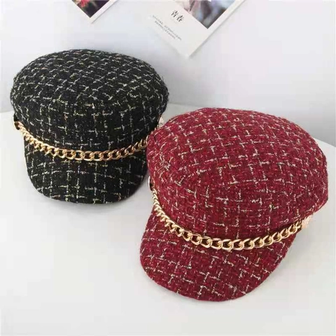 Damen Tweed Schirmmütze Metallkette Vintage Matrosenmütze Barett Hut Elegant Herbst Winter Accessoire