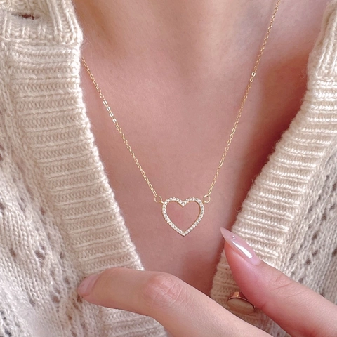 Heart Pendant Necklace 925 Sterling Silver Minimalist Hollow Pavé Zircon Elegant Jewelry For Women