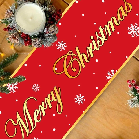 Camino De Mesa Navideño Rojo Poliéster Diseño Muñeco De Nieve Copos De Nieve Feliz Navidad Decoración Mesa Fiesta