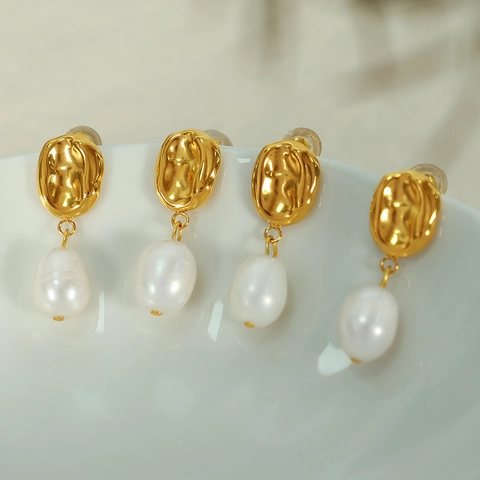 Pendientes De Gota Con Perlas De Agua Dulce Para Mujer Chapado En Oro 18k Acero Inoxidable Textura Martillada Estilo Retro Francés