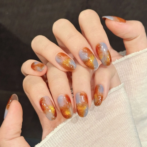 Press On Nagels Amber Kattenoog Marmer Design Oranje Bruin Grijs Goud Glitter Luxe Kort Ovaal Manicure Vrouwen