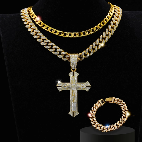 Collana Con Ciondolo A Croce Iced Out Hip Hop E Bracciale A Catena Cubana Lega Strass Gioielli Streetwear Per Uomo