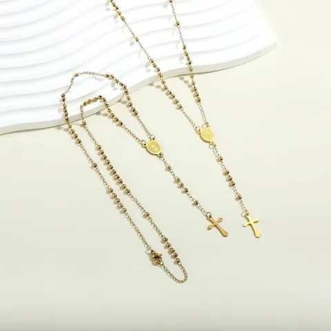 Rozenkrans Ketting Van Roestvrij Staal Verguld Religieus Kruis Maagd Maria Medaille Hanger Sieraden Gepolijst