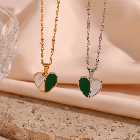 Collier Pendentif Coeur Acier Inoxydable Nacre Coquillage Patchwork Bijoux Élégants Pour Femmes