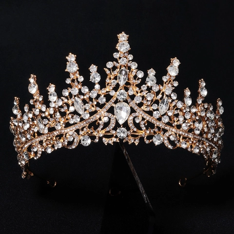 Lussuosa Corona da Sposa in Lega d'Oro Barocca con Strass per Matrimonio Concorso Festa Donna Accessori Capelli