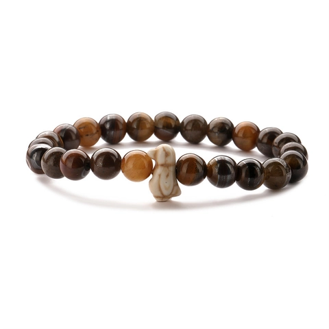Natural Stone Beaded Bracelet With Penguin Pendant Tiger Eye Agate Weathered Stone Elastic Strand Bracelet For Unisex Jewelry