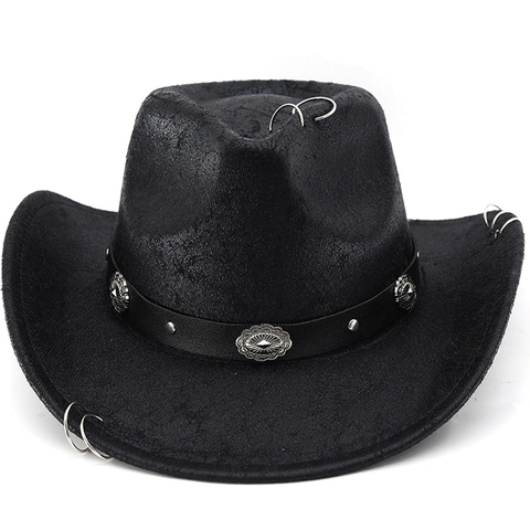 Western Cowboy Hat Retro Suede Texture Wide Brim Punk Rock Metal Rings Leather Band Sun Protection Fedora Jazz Cap