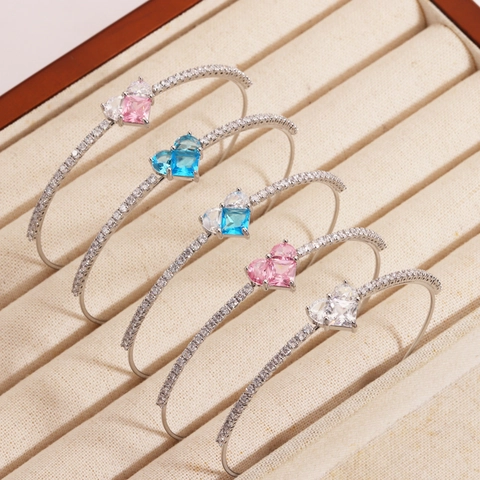 Fashion Heart Zirconia Open Cuff Bracelet Gold Silver Plated Elegant Light Luxury Inlaid Bangle For Women Daily Party Jewelry