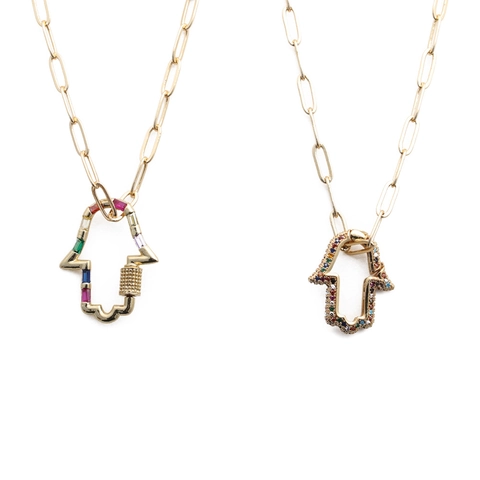 Hamsa Hand Anhänger Halskette Gold Vergoldet Kupfer Bunte Zirkonia Büroklammer Kette Hip Hop Mode Schmuck