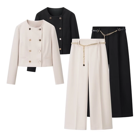 Dames Pak Polyester Double Breasted Cropped Jas En Wijde Broek Met Gouden Knopen Metalen Kettingriem Kantoor Casual